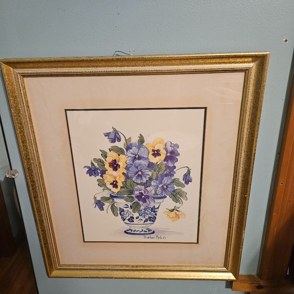 framed print blue and white porcelain pansies  artist Barbara Mock